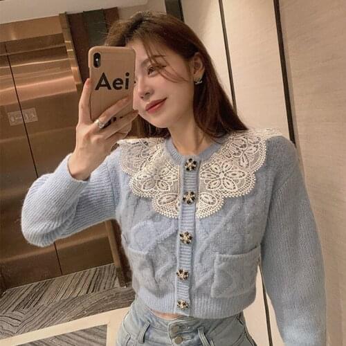 2021 spring new lace stitching knitted cardigan womens autumn winter short top age reducing sweater