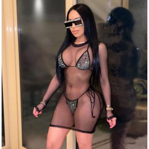 Hot Rhinestone Bikini and Mesh Sweatshirt Three-Piece Swimsuit Set Bodycon Skinny Slim Lace-Up Holiday Beach Skirt Womens Suits