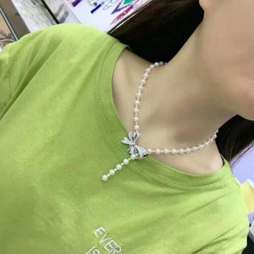 Hot sell new natural 8-9mm 3-4mm white freshwater pearl necklace zircon accessories pendant fashion jewelry 55cm