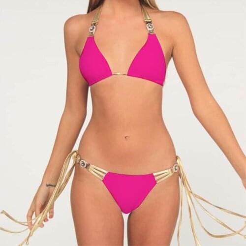 Fashion Golden Tassel Sexy Halterneck Padded Bra Straps Bikinis Set Crystal Diamond Swimsuit Summer Beach Solid Swimming Suit