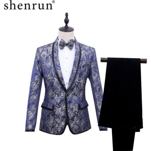 Shenrun Men Blue Tuxedo Slim Fit Blazer Floral Pattern Jacquard Shawl Lapel Mens Jacket Wedding Business Party Stage Costume