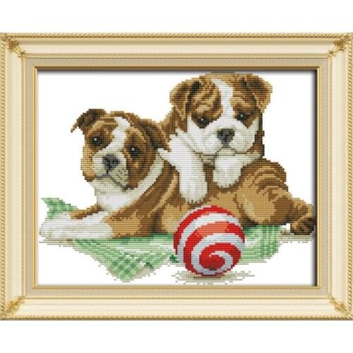 Two puppies 4 cross stitch kit aida 14ct 11ct count printed canvas stitches embroidery DIY handmade needlework