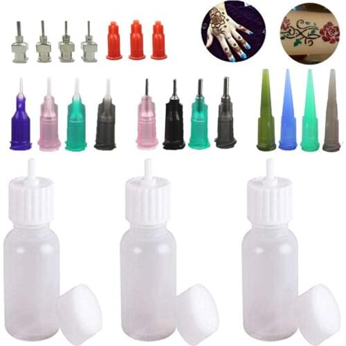 30ML Multi Purpose Precision Applicator Set 3Pcs Henna Bottle with 16 Pcs Needle Tips Sizes, Refillable Bottles for Body Paint