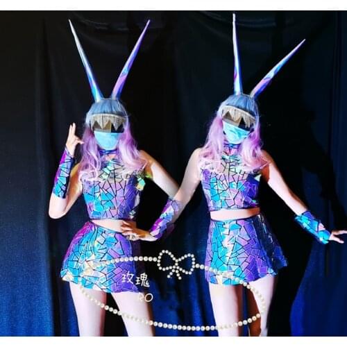 New Nightclub Female Singer Mirror Tops Skirt Sleeve Gogo Dancer Stage Performance Costumes Festival Party Rave Outfits DWY5717