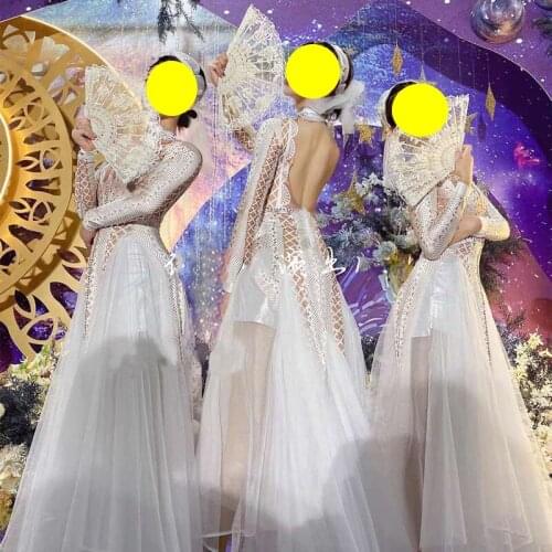 Nightclub Female Singer White Long Sleeve Elegant Festival Party Rave Outfits Gogo Dancer Stage Pole Jazz Dance Dresses DWY5419