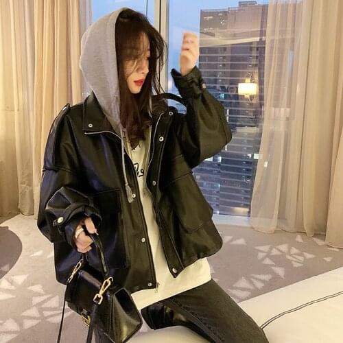 Autumn Women Streetwear Oversized Black Pu Faux Soft Leather Jacket Casual Female Fake 2 Piece Hooded Zipper Loose Biker Coats