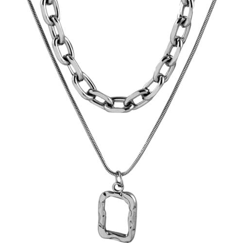 316L stainless steel fadeless double square fold strap necklace hollow geometric square pendant collarbone chain personality
