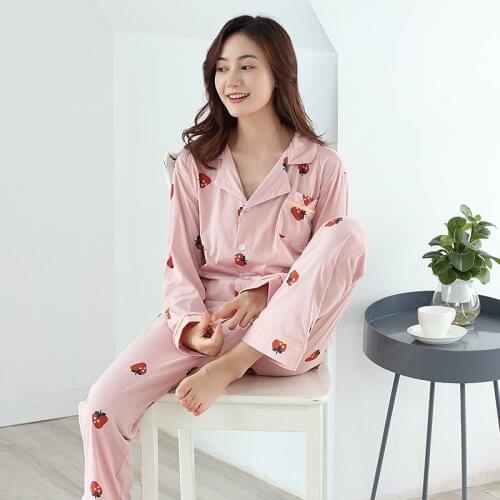 Pajamas For Women 100% Cotton Women Pajamas Sets Long Sleeves Turn-down Collar Pocket Decor Top+Pants Women Night Pajamas