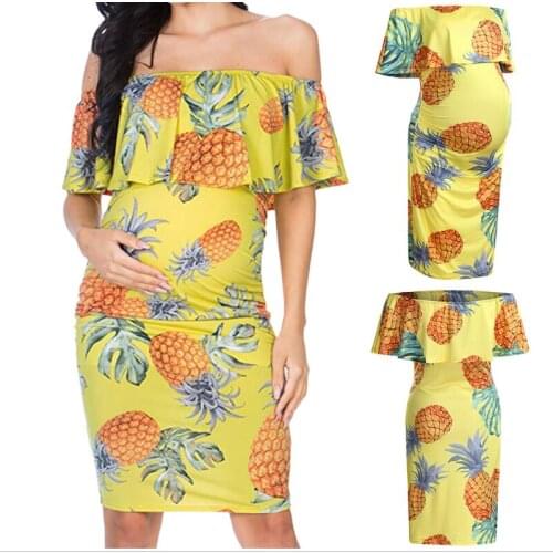 Pineapple print ruffle shoulderless dress slim dress for pregnant women