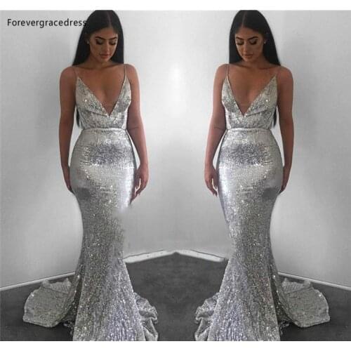 Silver Gray Sequined Evening Dresses Mermaid Formal Women Holiday Wear Celebrity Party Gowns Plus Size Custom Made