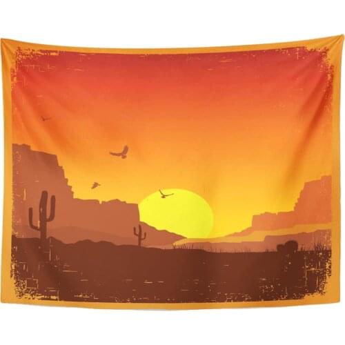 Texas American Wild West Desert on Old Sunset Landscape Cactus Western Tapestry Home Decor Wall Hanging for Living Room Bedroom