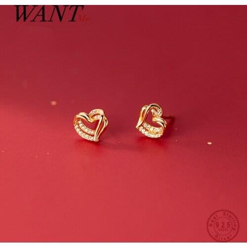 WANTME 925 Sterling Silver Hollow Double Love Heart Stud Earrings for Women Fashion Romantic Wedding Girlfriend Jewelry Gift