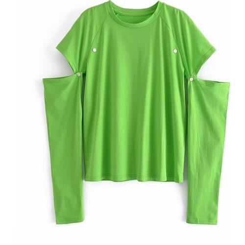 2021 Women Green Cotton T Shirt Hollow Long Sleeve O Neck Tees Ladies Casual Tee Shirt Street Wear Top