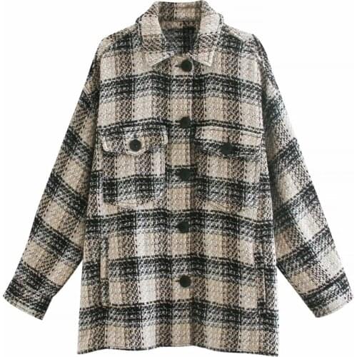 2020 New Autumn And Winter Retro Plaid Texture Loose Lapel Pockets Long Sleeve Shirt Jacket Coats Women’s