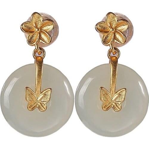 S925 sterling silver gold plated Hetian jade Ear studs Butterfly Plum blossom Peace buckle Earring pendant for ladies earrings