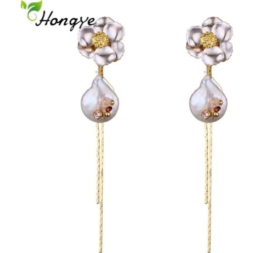 Hongye Vintage Flower Metal Long Tassel Natural Teardrop-shaped Pearls Drop Earrings for Women Fashion Brincos Fine Jewelry 2020