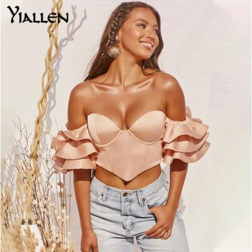 Yiallen Summer Women Sexy Satin Ruched Ruffle Sleeve Off Shoulder Back Zipper Boned Crop Tops Club Party Streetwear Croptop