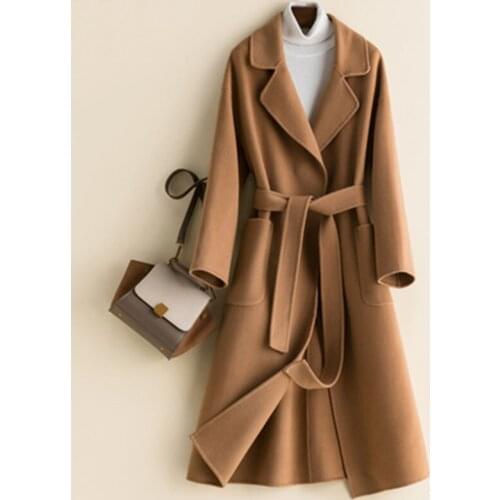 Spring Autumn Woolen Coat Women Mid-length Loose Wool Coat Ladies Belt Double-Sided High-end Cashmere Coat Female Pocket A755