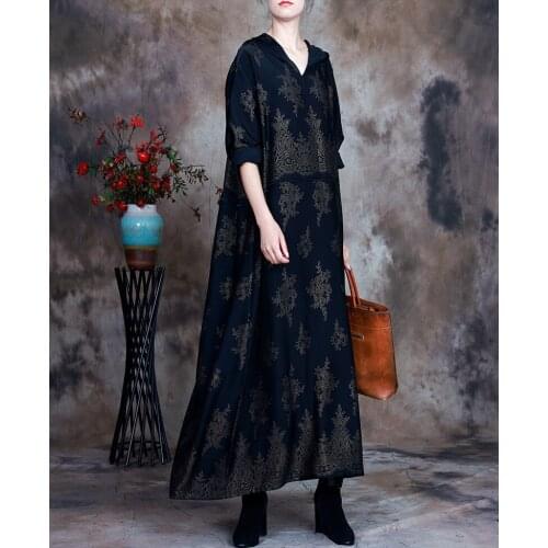 Women Spring Autumn Hooded Printed Dress Ladies Loose Dresses Female 2021 Vintage Dress
