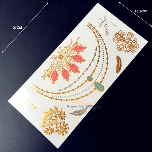 1PC Exquisite Flower Body Decal Gold Silver Metallic Tattoo Necklace Fake Jewel Design Waterproof Temporary Tattoo Sticker HLH21
