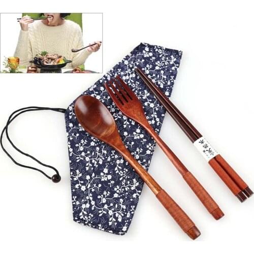 3PCS Sendok Garpu Set Sumpit Kayu Sendok Kayu Perjalanan Portabel
