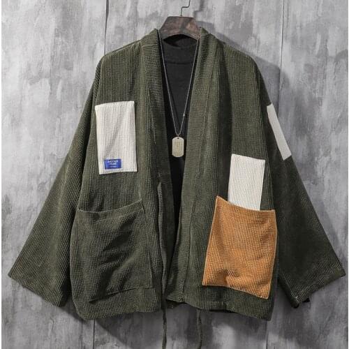 #4228 Green Yellow Corduroy Jacke Men Long Sleeved Loose Kimono Vintage Jacket Outerwear Coats Big Pockets Hip Hop Jacket Unisex