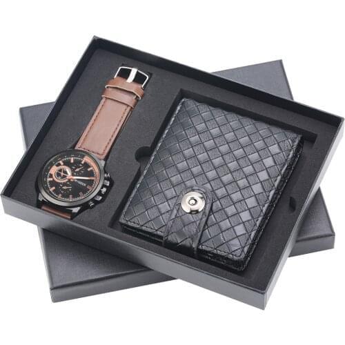 Brown Mens Wristwatch Gift Set Quartz Watch Leather Watchband Black Wallet Male Purse Fine Birthday Gifts Box for Daddy Husband