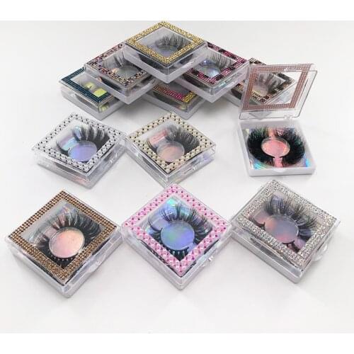 Custom Eyelash Packaging Box Glitter Pearl Rhinestone Square Lash Boxes 25mm Mink False Eyelashes