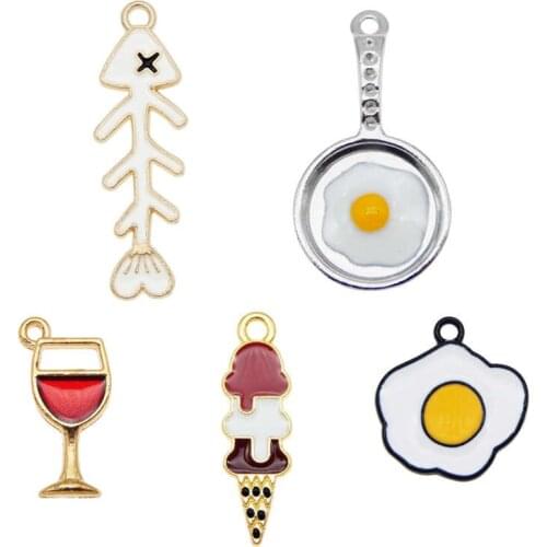 Julie Wang 5PCS Enamel Charms Alloy Mixed Ice cream Fish Bone Goblet Fried Egg Necklace Pendant Jewelry Making Accessory