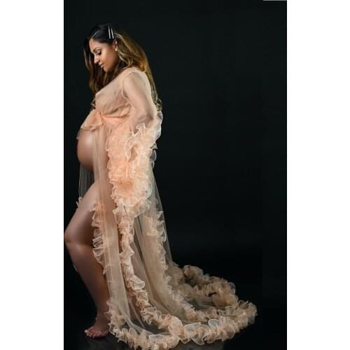 Coral Tulle Ruffles Maternity Photoshoot Dresses Bridal Fluffy Prom Gowns Photography Costume Wear Bathrobe