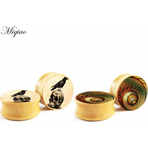 Miqiao 2pcs Fashion Retro Bird Skull Wood Ear Expansion 6mm-16mm Piercing Jewelry