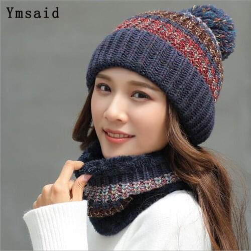 Ymsaid 2018 Fashion Winter Hat Thick Womens Hat Warm PomPoms Hats For Female Girl Knitted Beanies Female Cap Neck Warmer