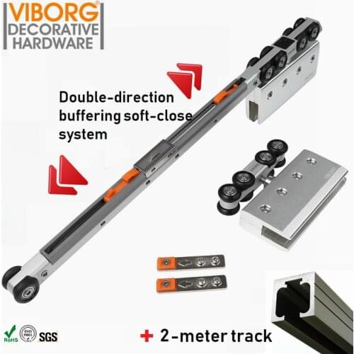 VIBORG 18-wheels Super Smooth&quiet Soft Close Hanging Sliding Glass Door Hardware Set Kit Wheels Roller with 2-meter Track