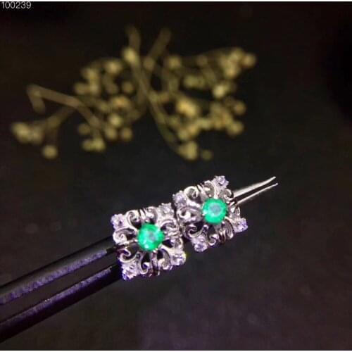 Natural emerald earring Free shipping Real original emerald 925 sterling silver Gem 3*3mm 2pcs
