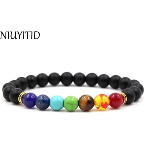 NIUYITID Elastic Natural Stone 7 Chakra Bracelet & Bangle With Lava Beads Bracelets Tiger Eye Jewelry For Boy And Girl