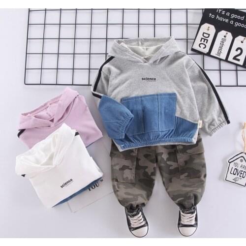 2021 autumn new fashion childrens suit boys and girls color blocking Hoodie Pullover two piece set solid color sports suit