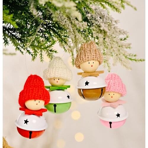 Christmas Knitted Hat Bell Pendant Hanging Decor Bright-colored Wood Cute Doll Festive Bell Ornament Christmas Tree Pendant
