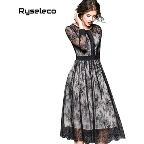 Ryseleco 2018 High Fashion Full Floral Lace Patchwork Sexy Cutout Women Dress A-Line Party Vestido Autumn Quality Black Dresses