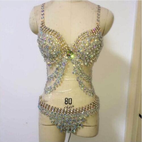 Sexy Bright Bikini Sexy Sequin Rhinestone Outfit Bra Short Crystal Design Party Dress Female Singer Nightclub Costume
