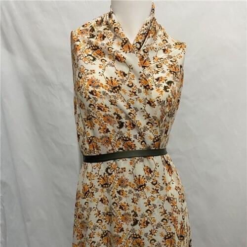 Yellow floral print on light beige pure silk crepe de chine silk fabric 16momme,SCDC1263