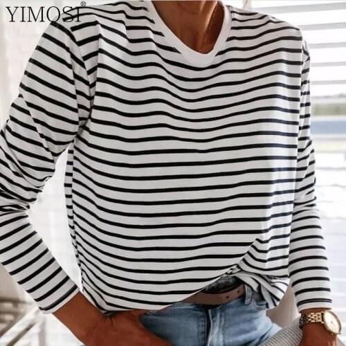 2021 Spring Autumn Black And White Striped Women Blouse Shirts Ladies Korean Long Sleeve O Neck Soft Korean T Shirts