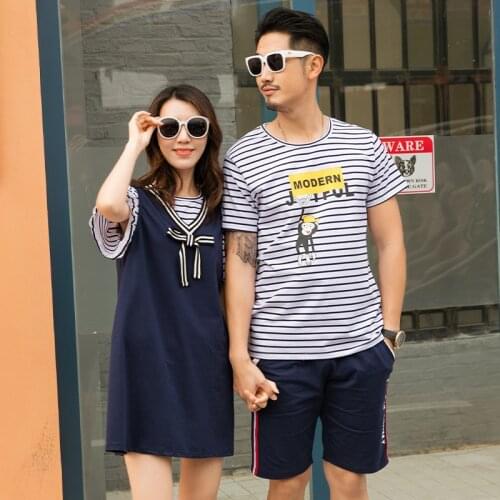 Korean Couple Matching Clothes Striped T-Shirts Dress Sailor College School Lovers Pair Women Summer Vacation Outfit Wear Set