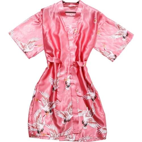 Womens One Size Silky Kimono Red Robe Flying Crane Printing Dressing Gown Satin Bathrobe Nightwear