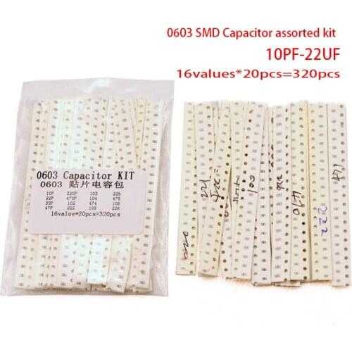 Free shipping 0603 SMD Capacitor assorted kit ,16values*20pcs=320pcs 10PF-22UF Samples kit