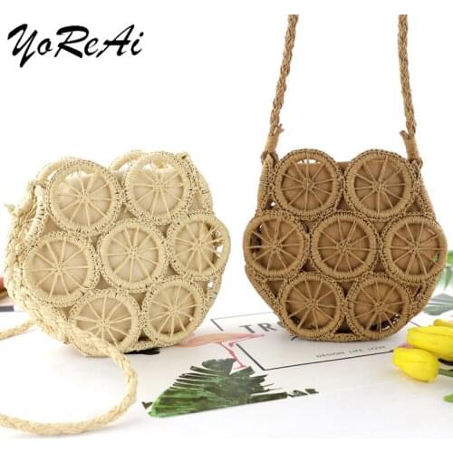 YoReAi Bohemian Paper Rope Straw Bags for Women Small Circle Beach Summer Vintage Rattan Bag Handmade Shoulder Diagonal Bag