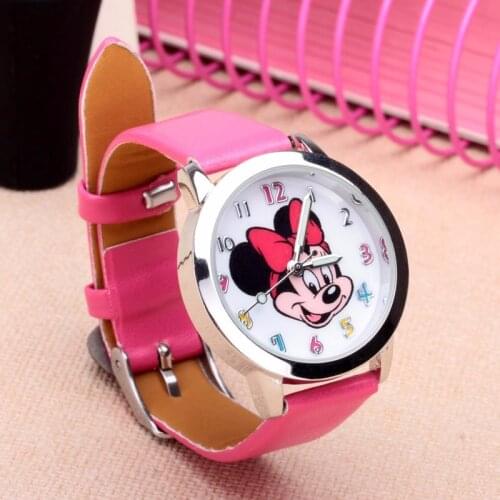 Mickey Mouse Watch Disney Cartoon Girl Minnie Mouse Style Color Number Dial Children Students Girls Leather Quartz Watch Gifts