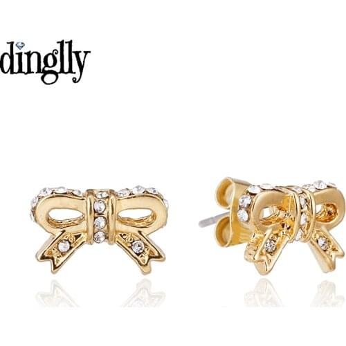 Dinglly Gold Shiny Crystal Bow Earrings For Women Girl Original Stud Earrings Friends Couple Birthday Gift Jewelry Anti Allergy