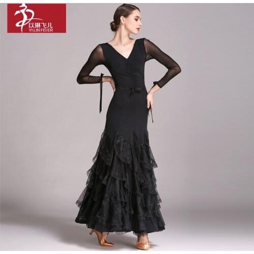 Red and Black Ballroom Performance Dress with Long Mesh Sleeves Waltz & Tango Dancer Stage Show Costumes Modern Dancewear A0023