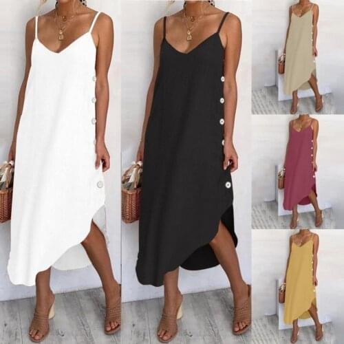 Summer Women Solid color Sexy Adjustable Straps Buttons Slitting Irregular Hem Midi Sling Dress female loose Sundress