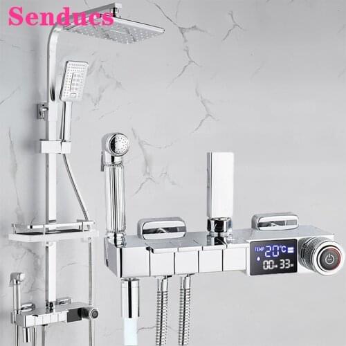 Chrome Piano Bathroom Shower Mixer Set Senducs Press Button Thermostatic Shower System Faucets Chrome Digital Bath Shower Set